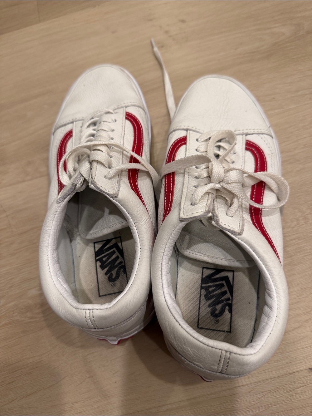 Vans Kids White Sneakers with Red Side Stripe